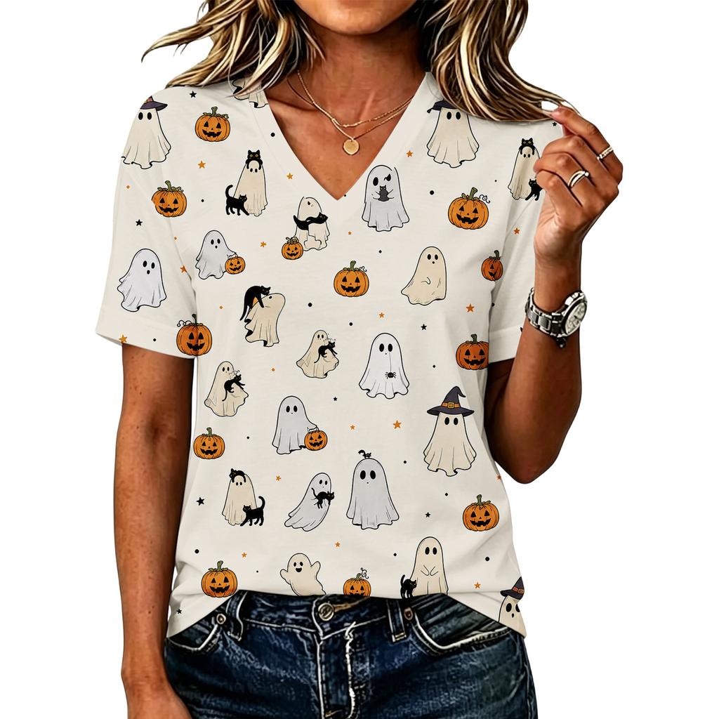 Women's Halloween Print V-Neck Short Sleeve Casual Top for Festive Occasions