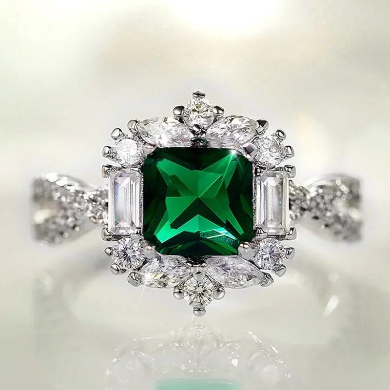 European And American Party New Women'S Ring Green Cube Zirconia Gorgeous Women'S Accessories Anniversary