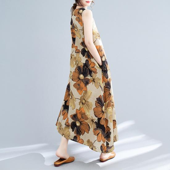 Boho Plus Size Cotton Linen Dress for Women Summer Sleeveless Printed Loose