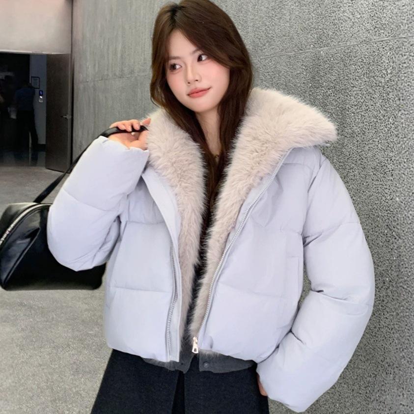 Winter plush splicing short cotton-padded clothes women's large lapel collar large fur collar loose and thin cotton-padded jacket entity