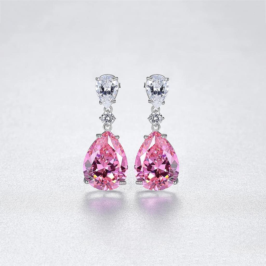 Bellitia Jewelry Engagement Royal Pink Zirconia Dangle Sterling Silver Gift for Women Earrings, Earrings, 925,