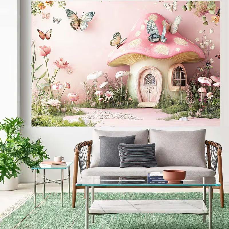 2D Magical Pink Mushroom Cottage Background for Kids Photoshoot & Events