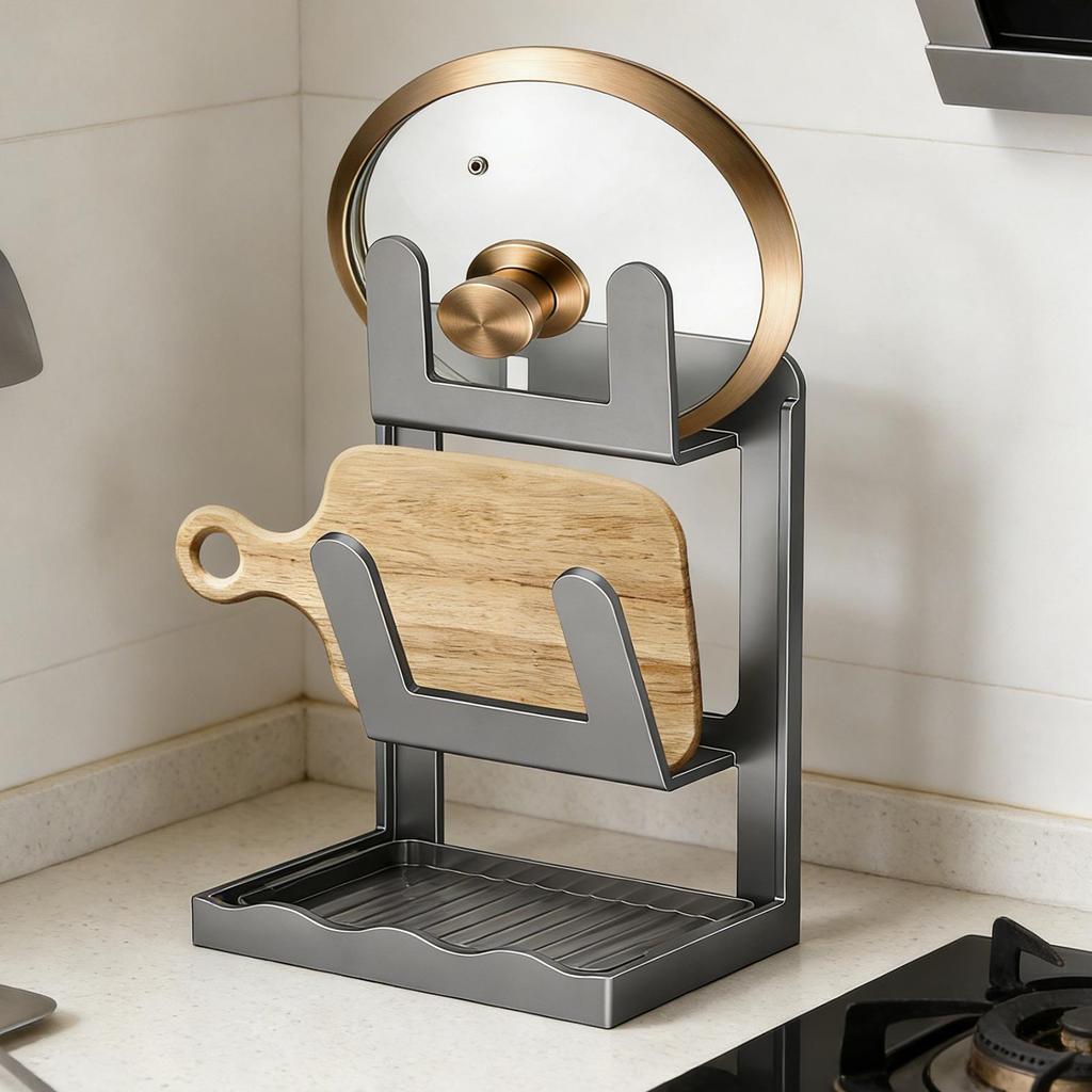 Double Layer Pot Lid Organizer Kitchen Vertical Pan Lid Holder With Drip Tray Carbon Steel Space Saving Pot Top Rack