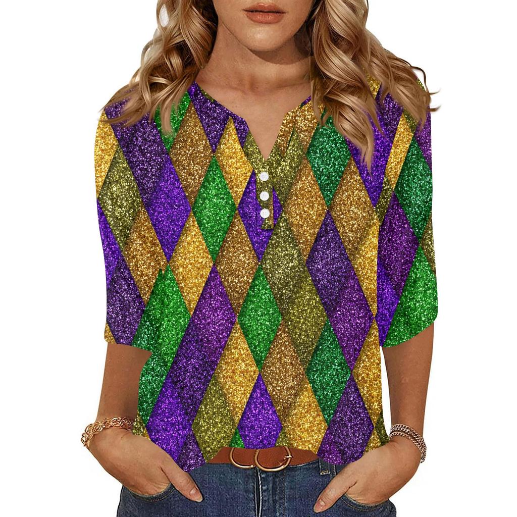 Dámské tričko s potiskem, knoflíky, 3/4 rukávy, pro každý den, na víkend, módní, základní, s výstřihem do V, běžný top