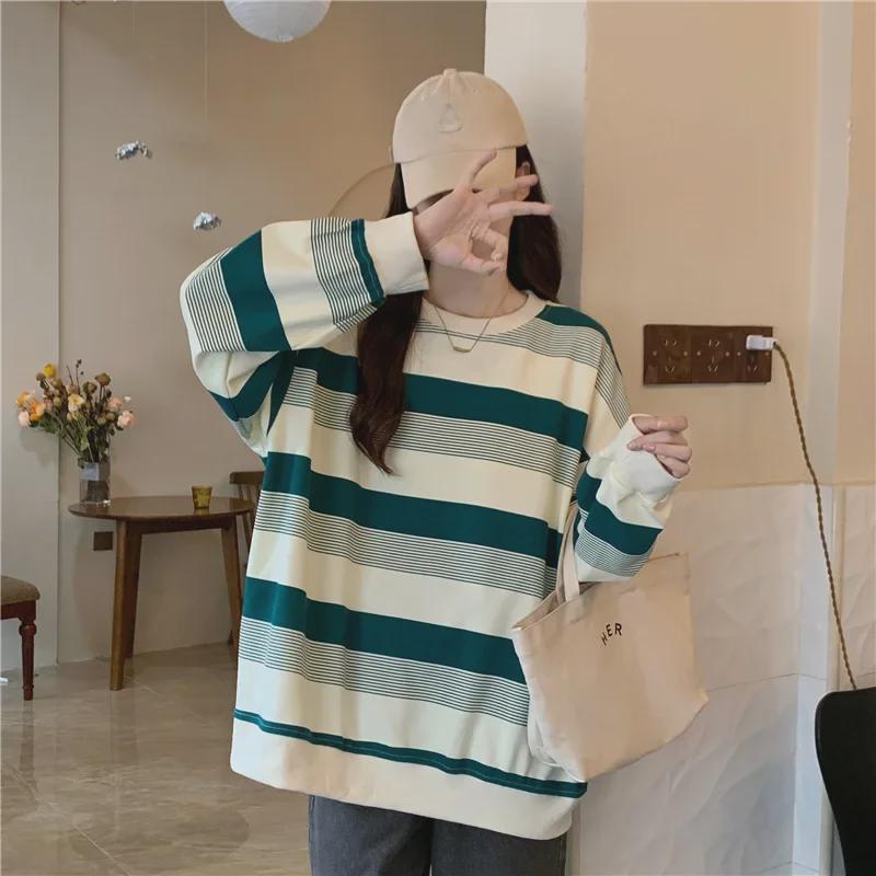 Women's Striped Contrast Color Long-Sleeve T-Shirt, Round Neck, Trendy Autumn/Winter Style for Female Students