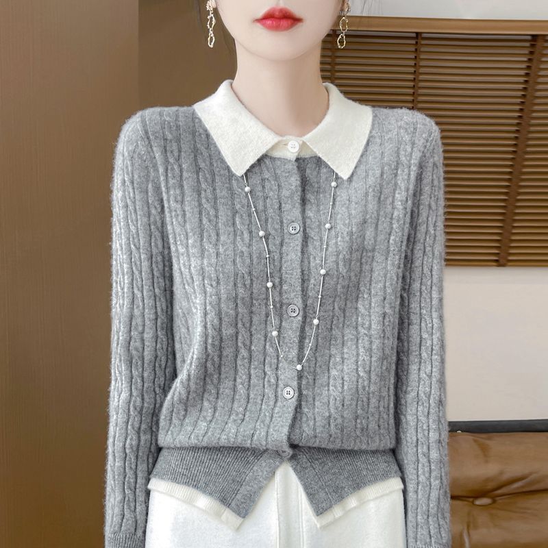 Spring and Autumn Women's Color-Block Cardigan Sweater Collared Loose Soft Knit Cardigan Top