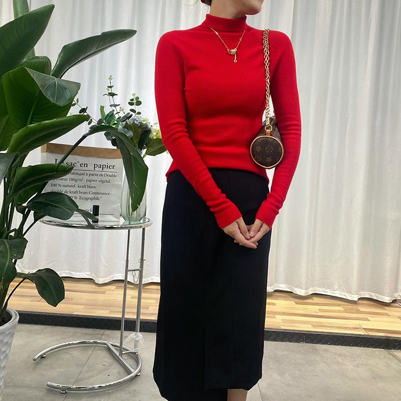 

Worsted seamless integrated 0 pure wool turtleneck bottomed knitted sweater women M красный