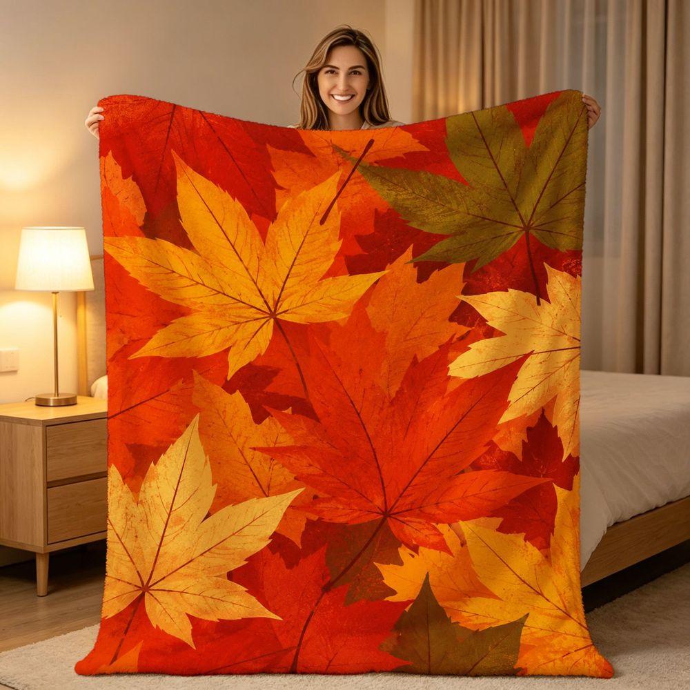 Lightweight Flannel Throw Blanket with Vibrant Autumn Maple Leaf Pattern Cozy Soft Decorative Blanket for Sofa Bed Travel Camping Living Room Office A