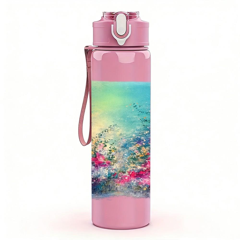 1PC Dreamy Blue Watercolor Scene Print 750ml Color Plastic Sports Water Bottle Leakproof Flip Straw Lid Suitable for Sports Office Home Use
