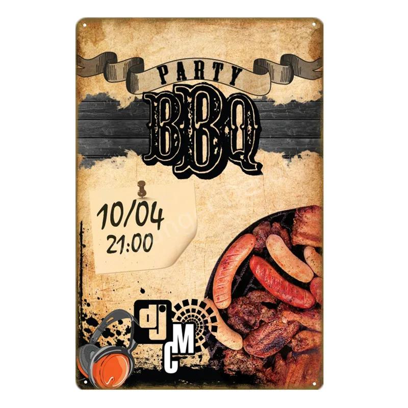 BBQ Steak House Grill Party Vintage Poster Wall Decor For Bar Pub Kitchen Home Plate Barbecue Metal Signs Painting Plaque YJ187