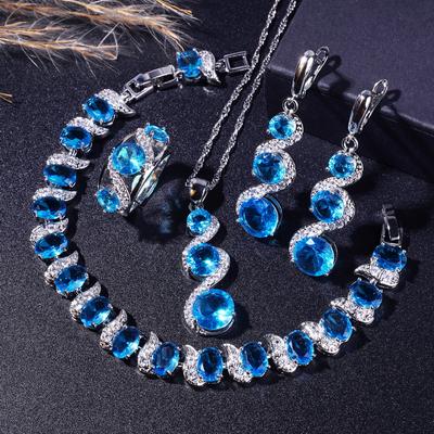 New Arrivals Siilver Plated Wedding Jewelry Sets For Women Bride Blue Zirconia Bracelet Earring Necklace Pendant Ring Daily Wear