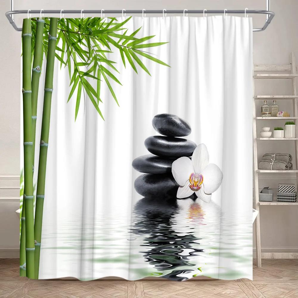 Zen Shower Curtain Landscape Green Bamboo River Lotus Stone Purple Orchid Plant Leaf Polyester Fabric Bathroom Decor Curtain