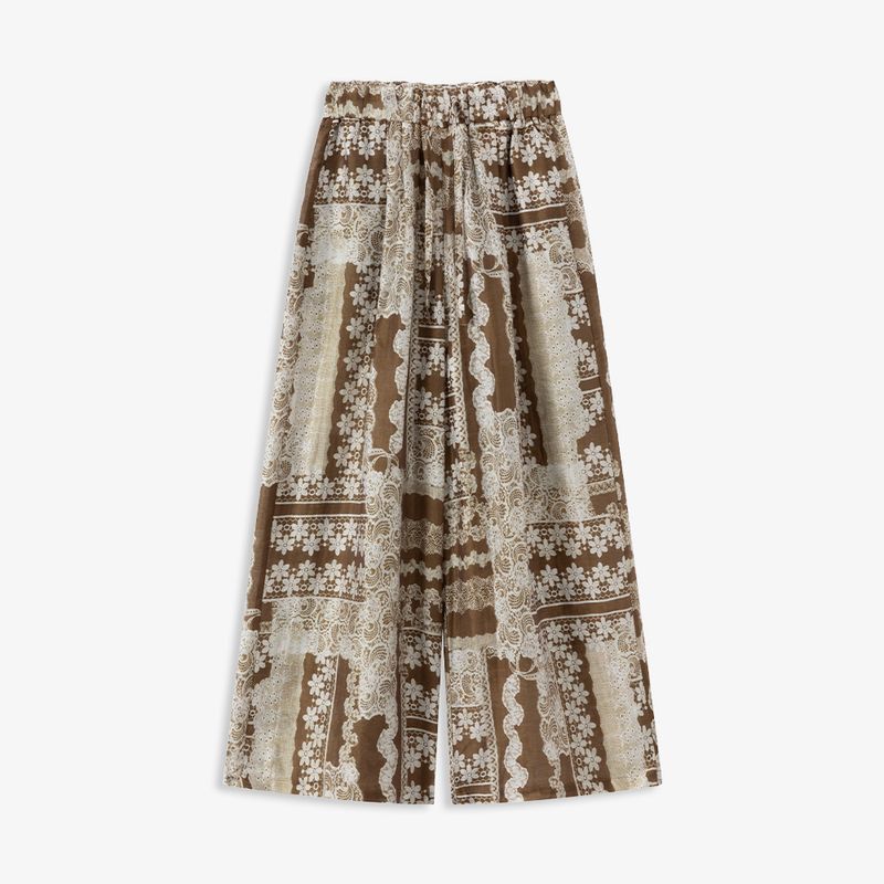 

Aozhi State Vacation Style Tencel Linen Retro Print Thin Elastic Waist Pull-Belt Loose Pants Female N Brown XL