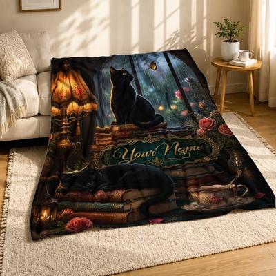 Personalized Black Cat Book Nook Coral Fleece Blanket