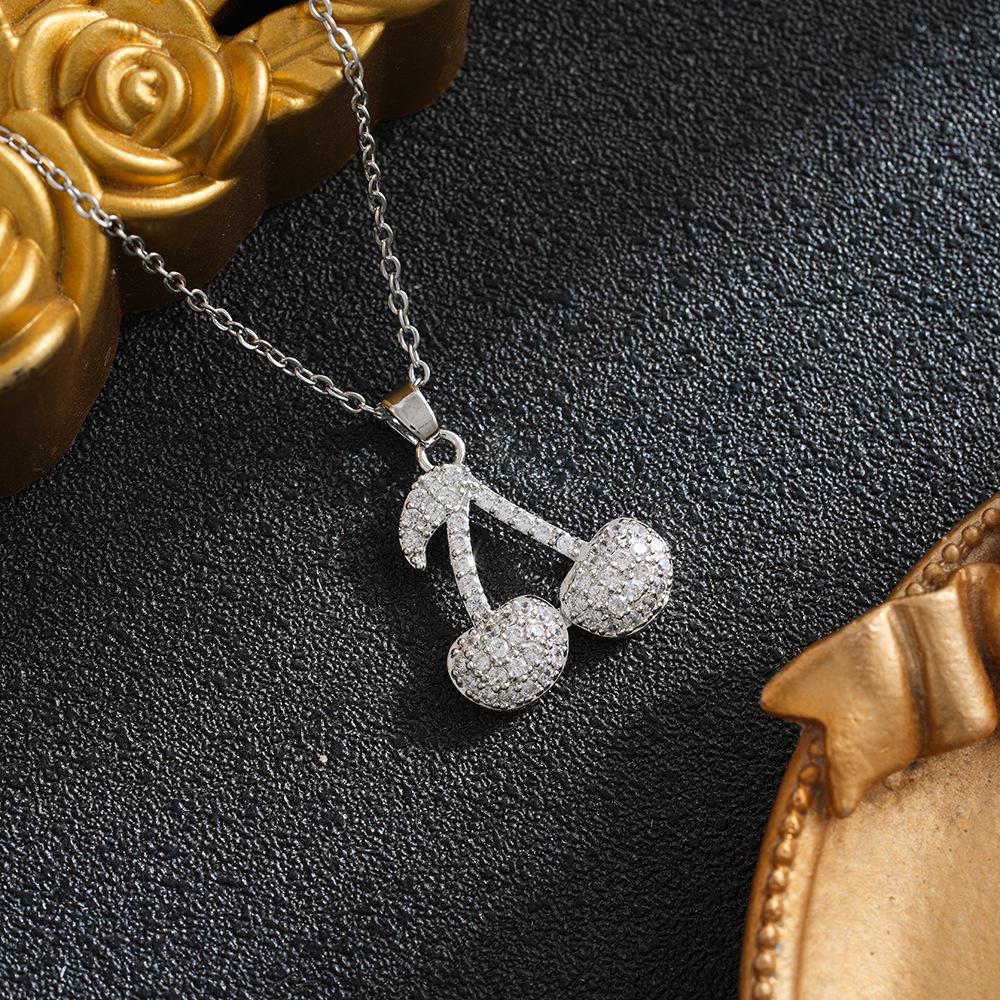 Cherry Design Women's Necklace - Titanium Steel, Full Diamond, Simple & Trendy
