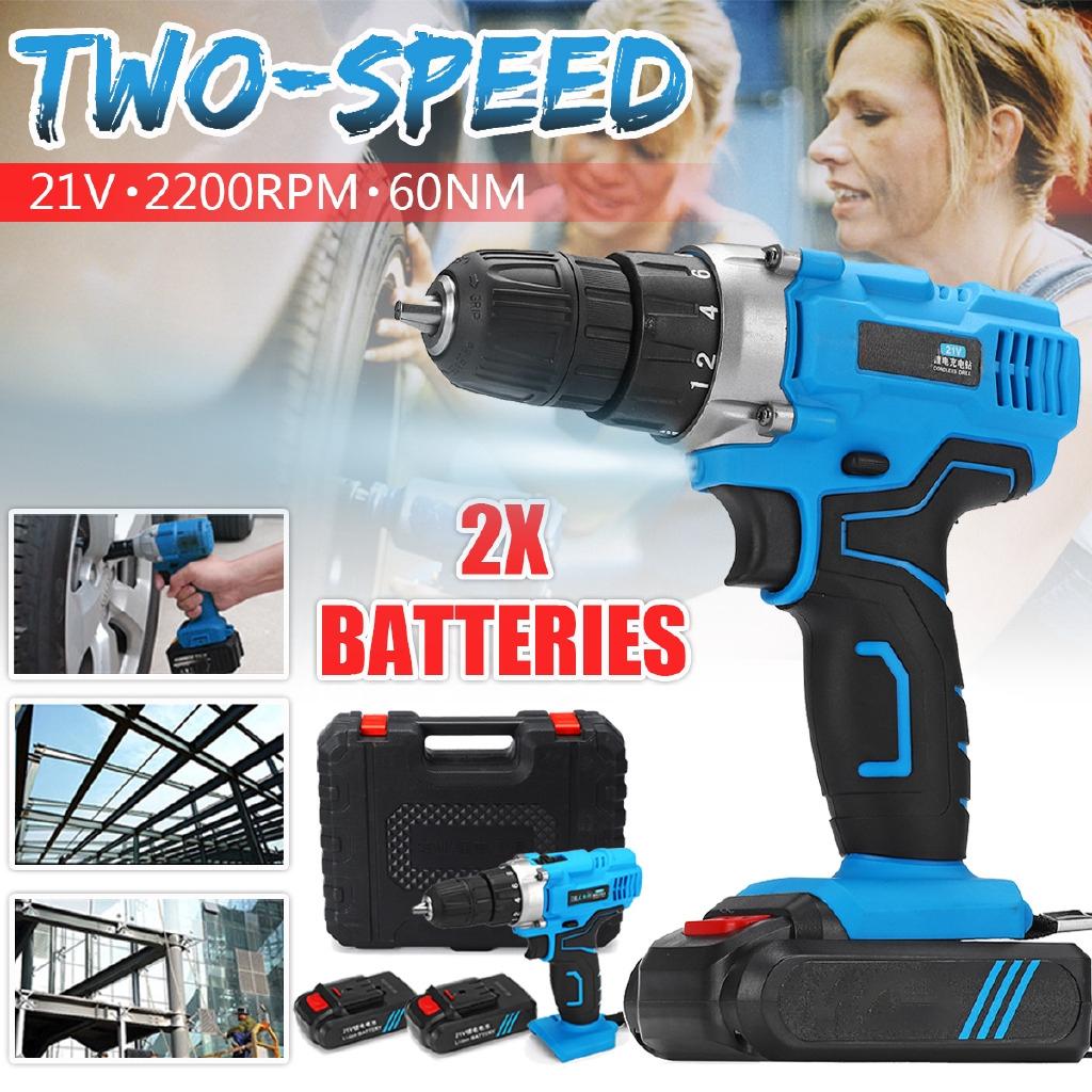 2200RPM Rechargable Double Speed Electric Screwdriver Kit 6500mAh Li-Ion 2Battery Electric Cordless Drill Power Tool 21V