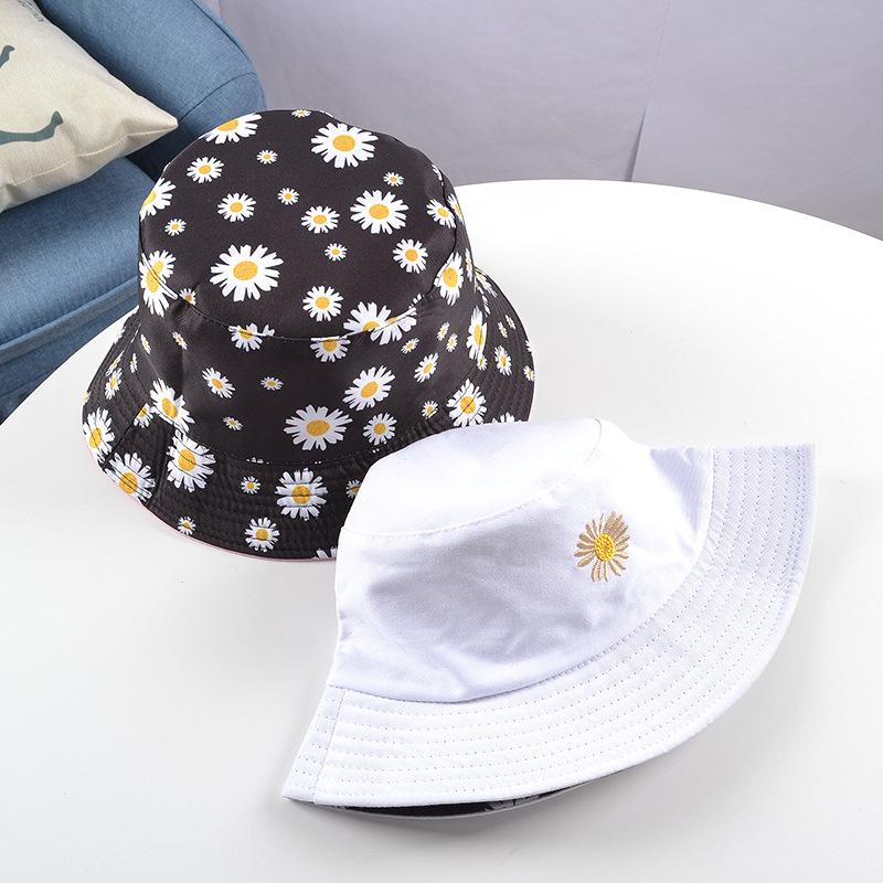 Summer Daisy Double-Sided  Bucket Hats Women's Embroidery Hip Hop Panama Bob Caps Folded Beach Sun Fisherman Hat For Ladies