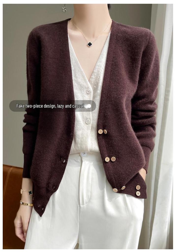 2025 Autumn/Winter V-Neck Wool Cashmere Women's Two-Piece Knit Base Layer Sweater Jacket