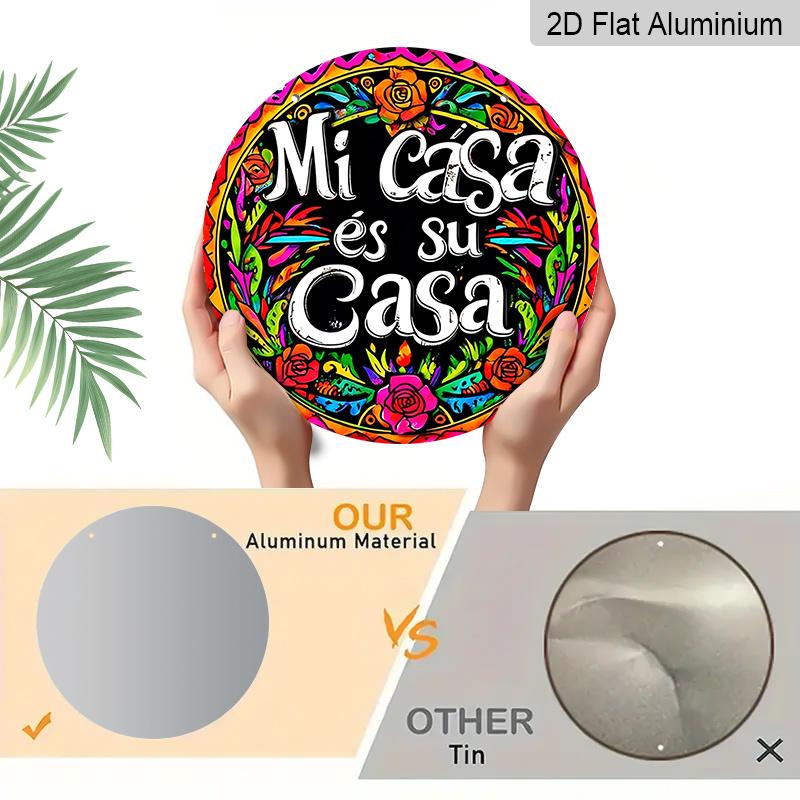 2D Flach, 1 Stück Vintage Metallwandkunstschild „Mi Casa Es Su Casa“, Bunte florale runde Aluminium-Dekoration für Bauernhaus, Café, Strandhaus, Hinterhof, Boho