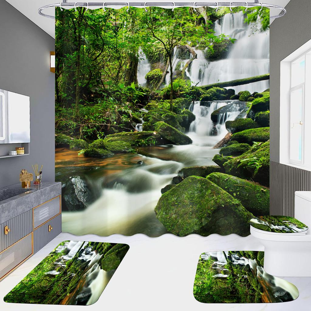 High Definition Digital Printing Shower Curtain Four-Piece Set Of Non-Punching Bathroom Bathroom Bathroom Partition Curtain Landscape