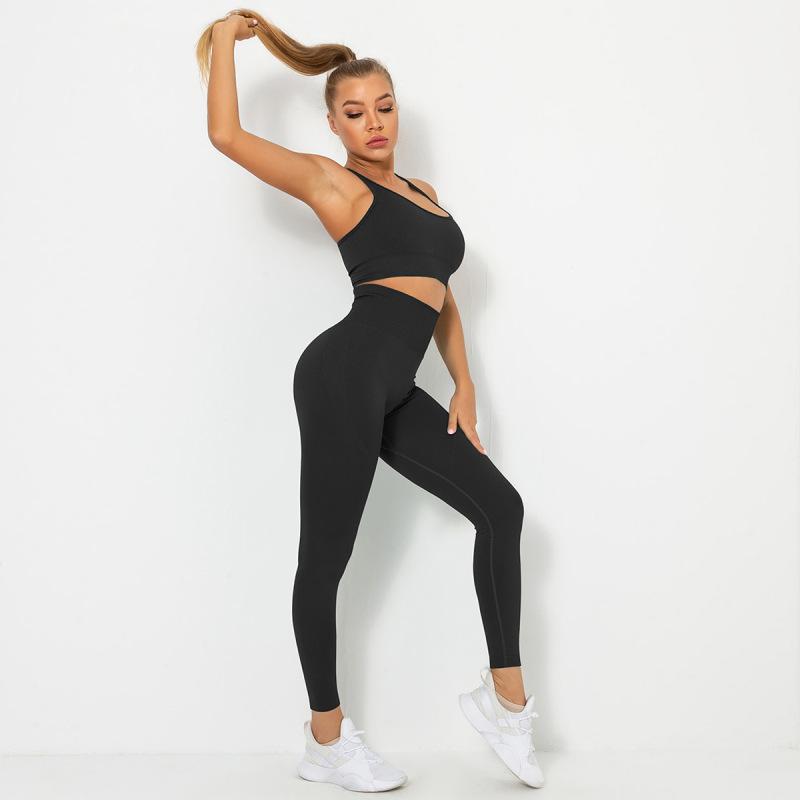 Kadın Dikişsiz Halter Yaka Düz Renk Toparlayıcı Şeftali Kalça Sıkılaştırıcı Spor Sütyeni Yoga Takımı Koşu Fitness Taytı İki Parça Set