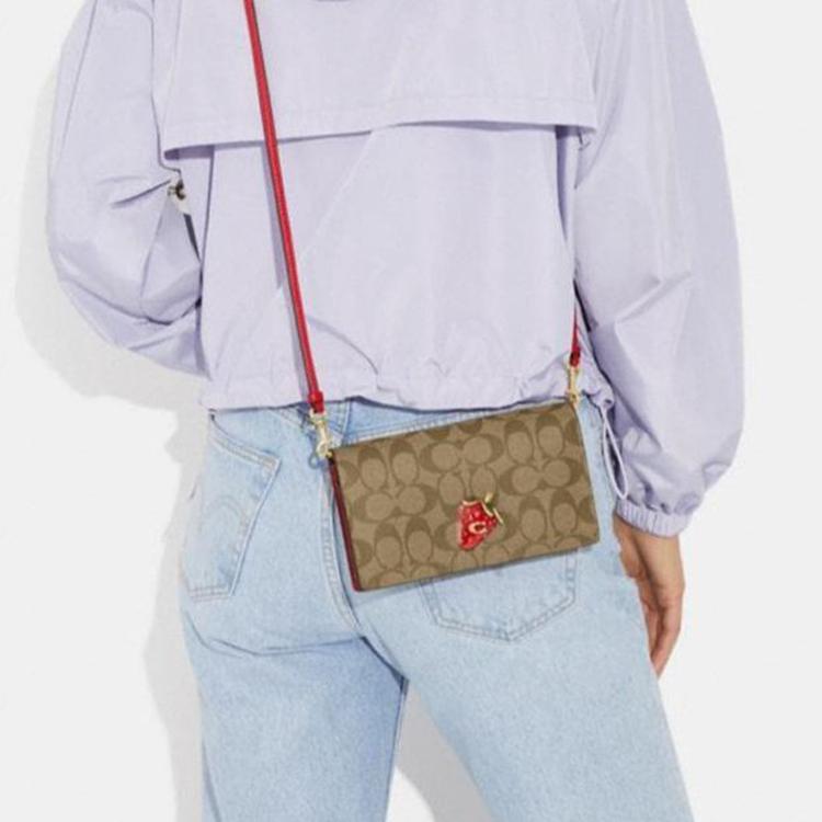 Coach Tan Signature Canvas Flap Crossbody Bag with 3D Strawberry Charm & Red Leather Trim for Daily Use CH547-IMVGQ