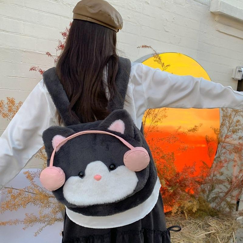 Urocze słuchawki kotek futrzany plecak o dużej pojemności plecak z kreskówką nowa torba dla lalki tornister damski