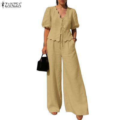 Women Short Sleeve Blouse and Long Pants Summer Two Piece Suit Sets