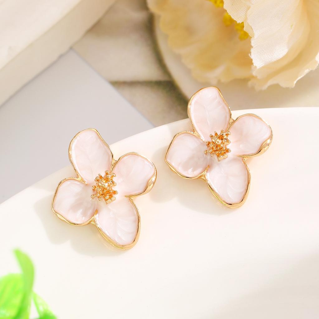 Soft Pink Enamel Flower Stud Earrings with Gold Tone Accents for Women Elegant Style