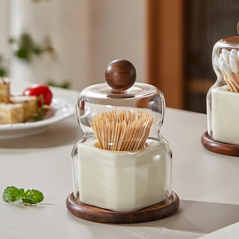 Solid Wood Ceramic Toothpick Box Home Creative Dental Floss Cotton Swab Storage Jar Glass Ceramic Toothpick Jar with Lid