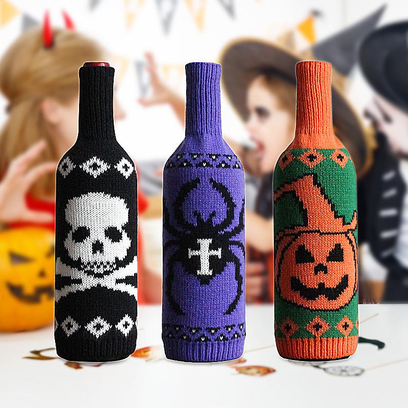 Halloween Bottle Set, Skull, Pumpkin, Knit, Champagne, Red Wine Bottle Bag, Table Decorations