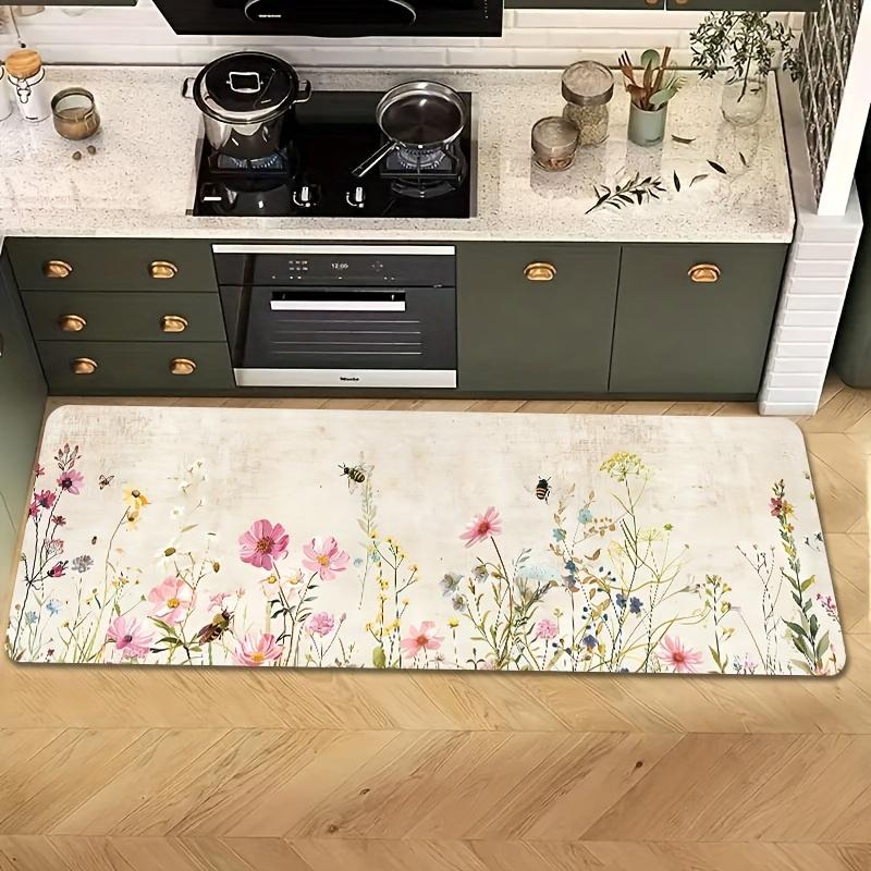 1Pcs Anti Fatigue Kitchen Rugs,Floral and Bee Print Waterproof Non-Slip Thick Cushioned Kitchen Mat Heavy Duty Comfort Standing Mat for Kitchen
