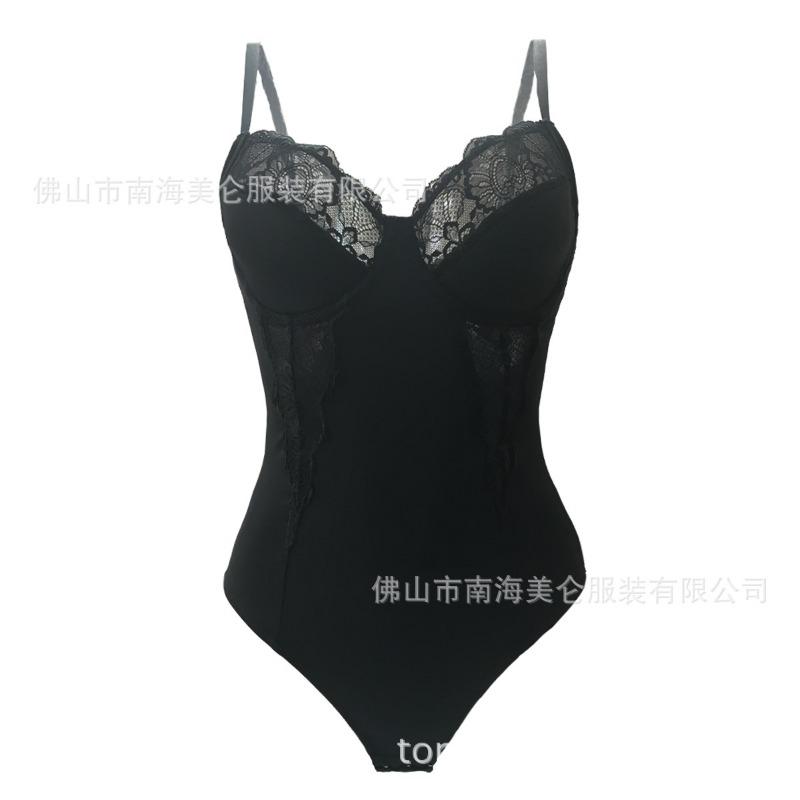 Women Lace Splicing Push Up Spaghetti Strap Tummy Control Slim Fit Body Shaping Bodysuit S чёрный