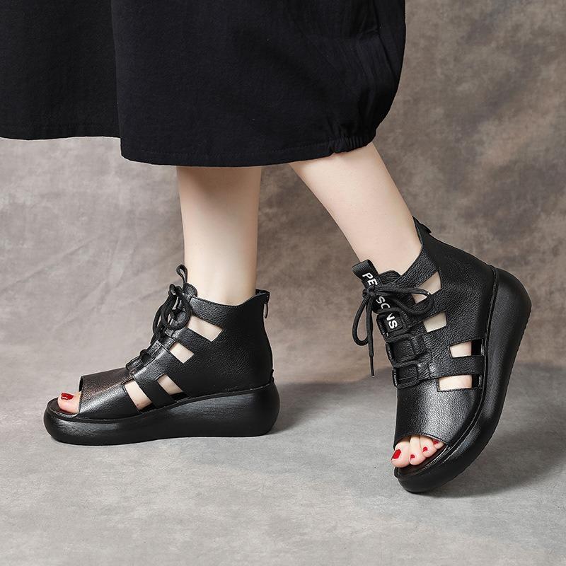 Leather Wedge Heel Platform Fish Mouth High Heels New Spring and Summer Casual Cool Boots Women's Hollow High-top Sandals