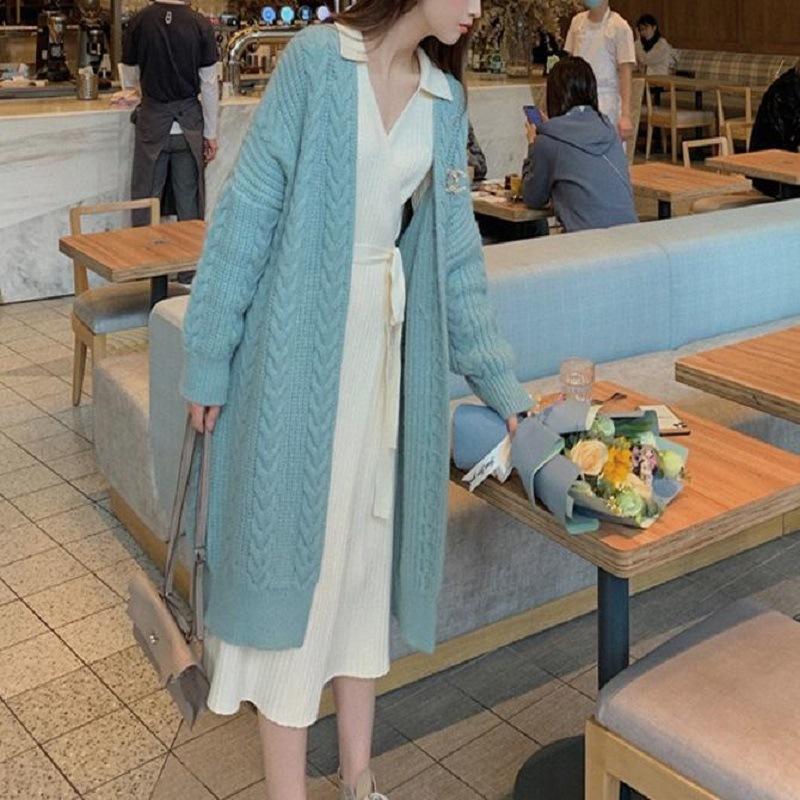 

Европейские и американские свитера женские свободные длинные куртки осень и зима ретро мода повседневные толстые свитера с косами ленивый стиль 49-301 (average size) синий