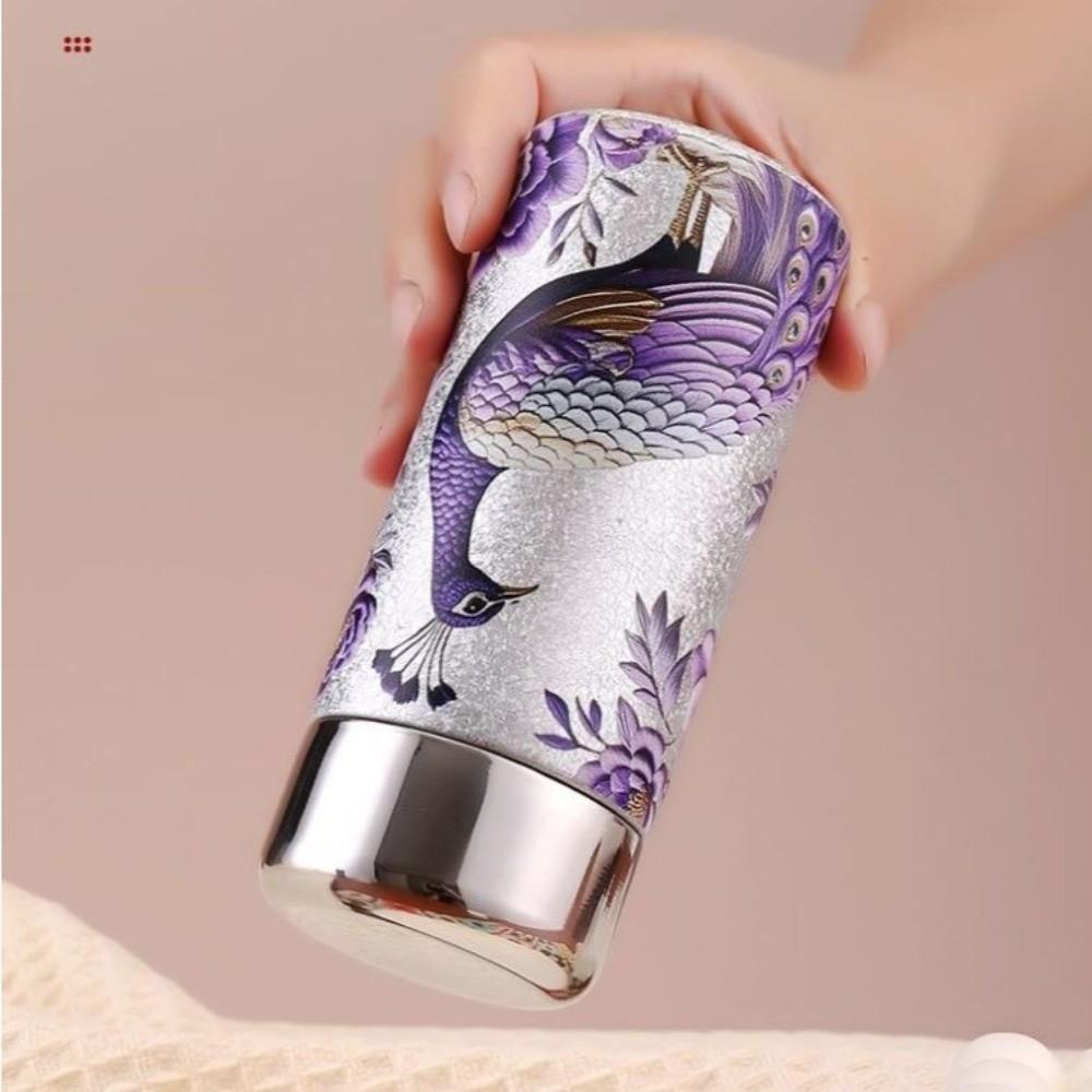 Portable Chinese Style Vacuum Cup 240ML Peacock Pattern Insulated Cup High Capacity Insulation or Cooling Thermal Water Bottle