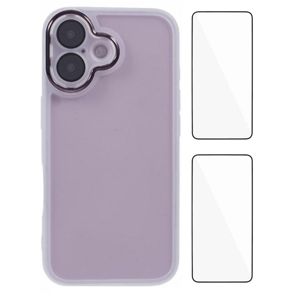 

WANLONFENG DKSM2 Series For iPhone 16 Case TPU Clear Phone Cover with 2Pcs Screen Film/Electroplated Lens Frame Transparent White