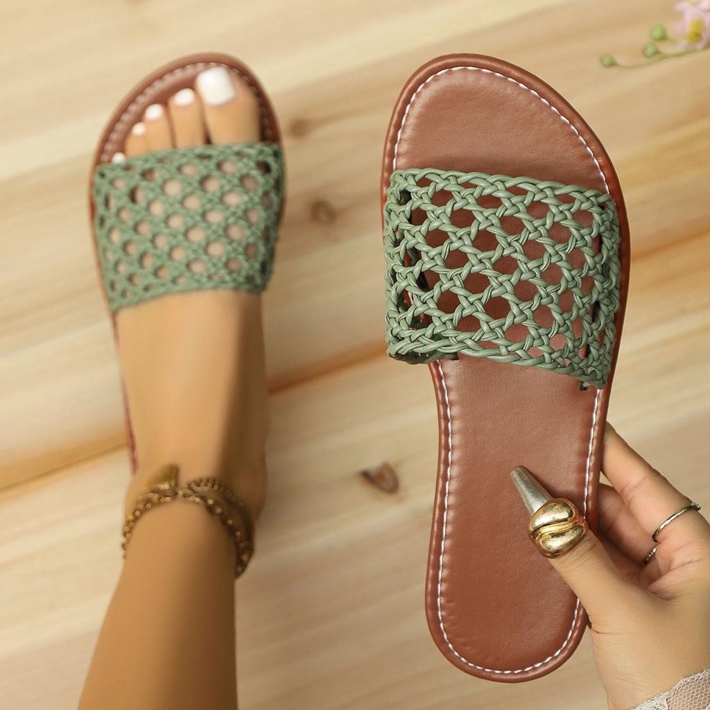 New Simple Casual Woven Hollow Flat Bottom Women's Flat Heel Breathable Slippers