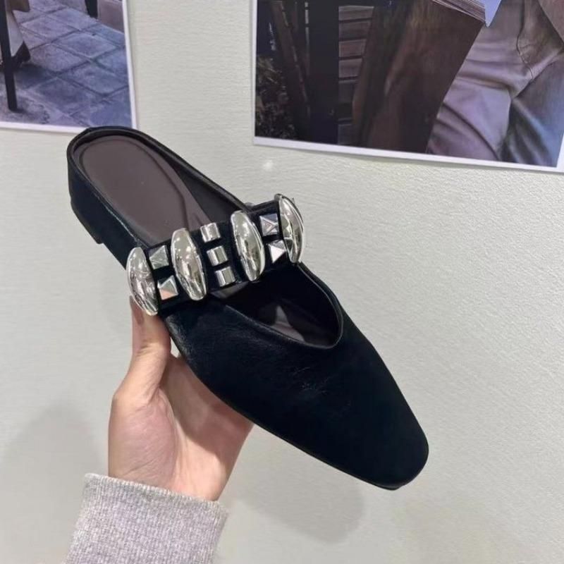 Summer New Flat Shoes Women Square Head Shallow Mouth Rivets Metal Buckle Set Foot Anti-slip Wear-resistant Slippers