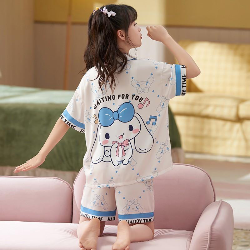 Girls Ice Silk Pajama Set Short Sleeve Cartoon Print Sleepwear Kids 8 Years