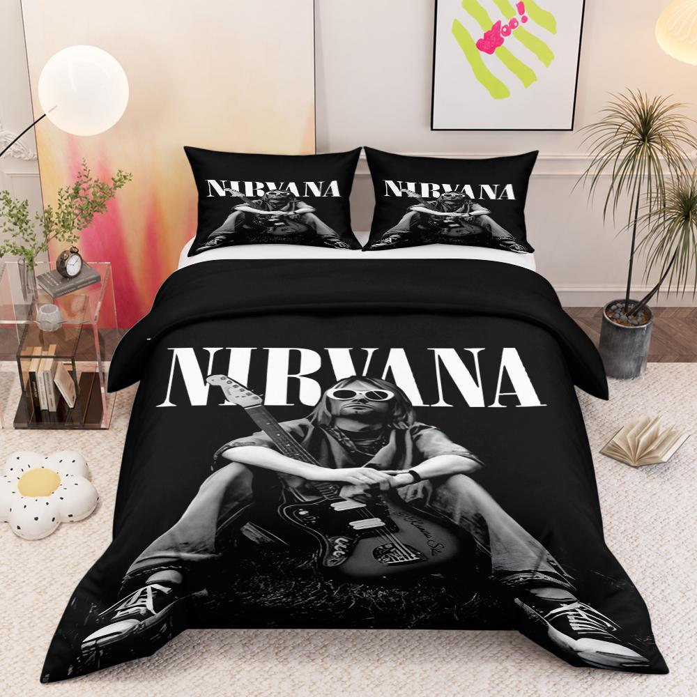 Nirvana Kurt Cobain Guitar Sunglasses Duvet Cover Set with Two Pillowcases for Kids Bedroom Bedding