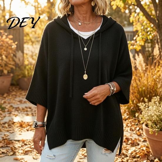 Casual Hooded Sweater Autumn Women Knit Pullover Sweater, Loose Fit Drawstring 3/4 Sleeve Drop Shoulder Solid Color Winter