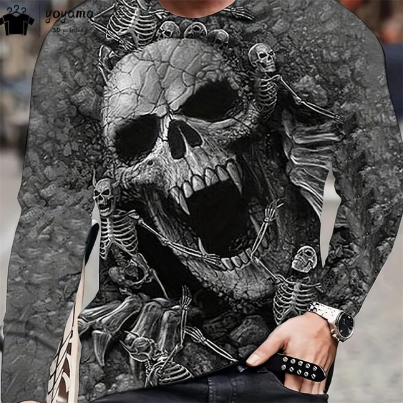 Fashion Skull Print Men's Clothing Casual T Shirt Men Vintage Print Skull Graphic T Shirts Street Loose Long Sleeve T-shirt Tops
