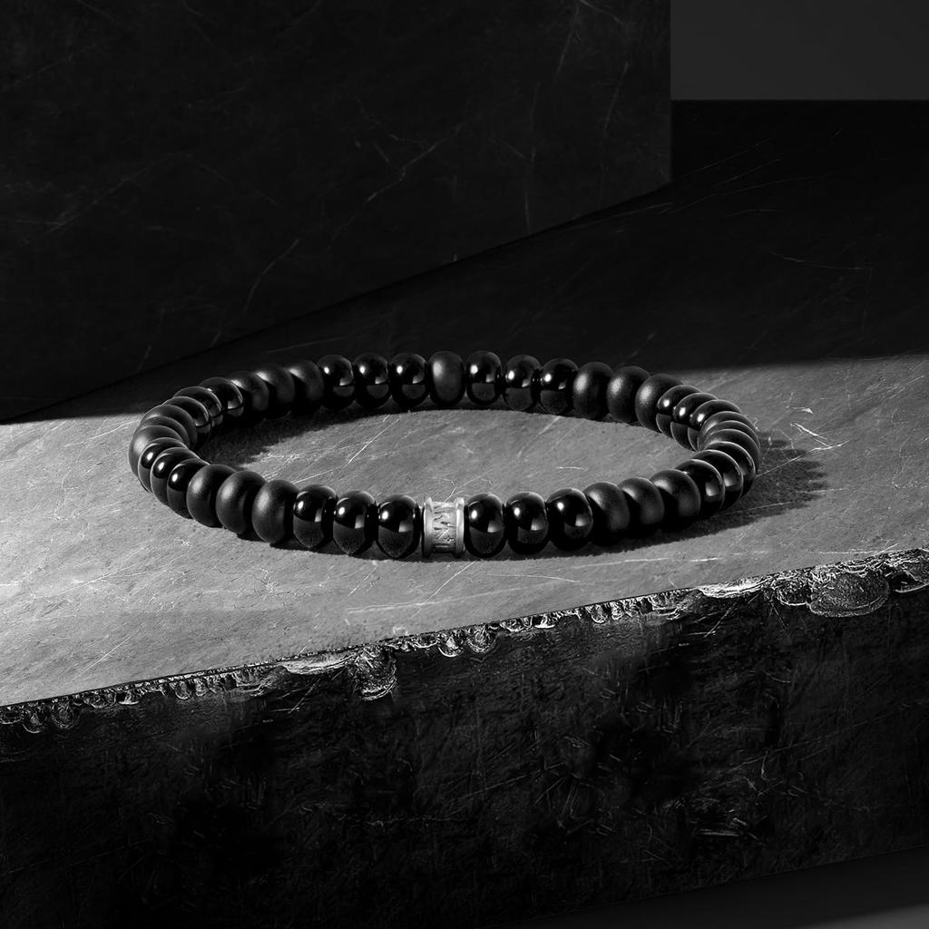 Matte Glossy Black Onyx Rune Bracelet with Sterling Silver Charm Bead Bracelet for Men [AWNL] & 14-15CM