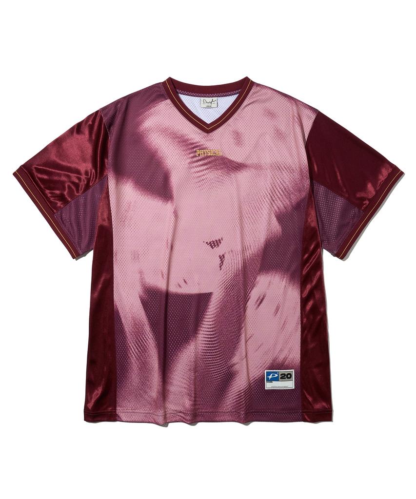 Physical Department Mushroom Mesh Satin Mix Short Sleeve T-Shirt_Burgundy