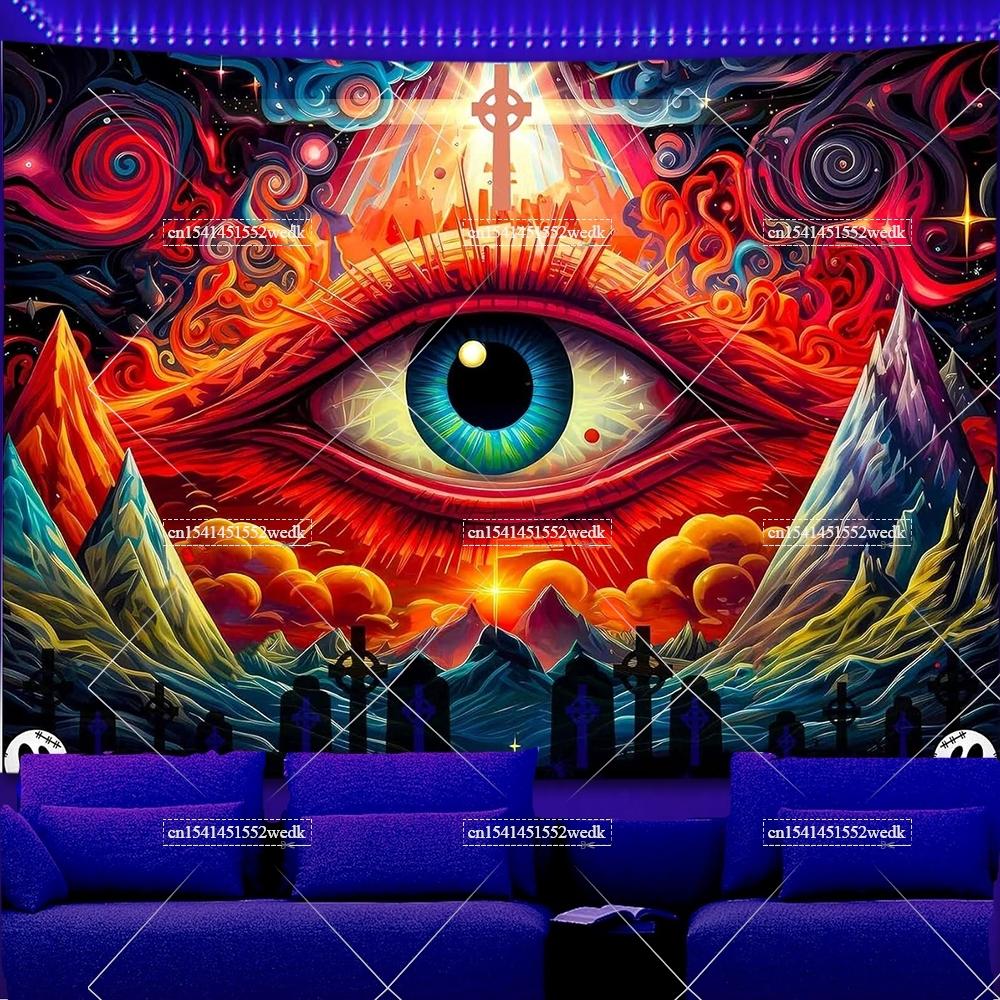 

The Eye Of Providence Blacklight Tapestry UV Reactive Glowing Mountains Black Light Tapestry Aesthetic Wall Art Neon Backdrops 95x73cm