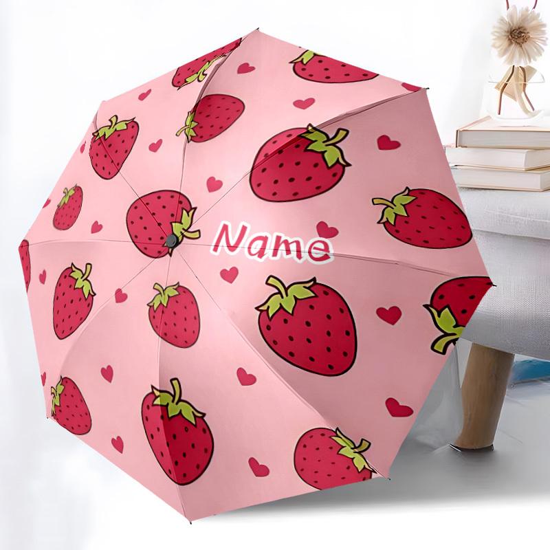 1pc Strawberry Heart Custom Name Automatic Folding Umbrella, Durable Plastic & Iron, Lightweight for Outdoor Daily Use S1230071