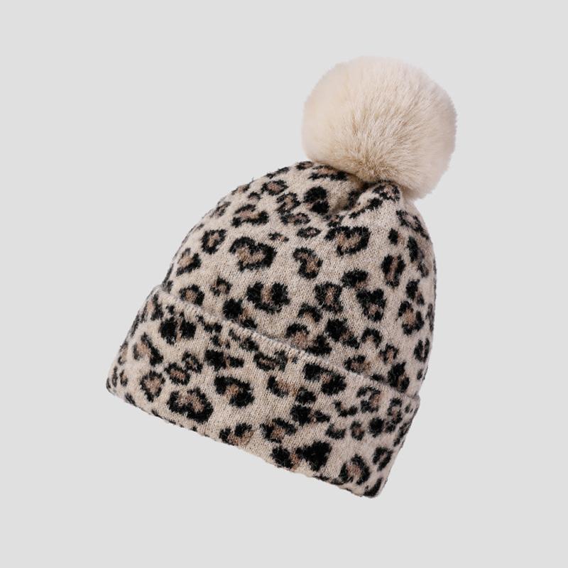 

Зимняя шерстяная вязаная шапка с леопардовым принтом, женская, для улицы, ветрозащитная, холодостойкая, теплая шапка с помпоном хаки