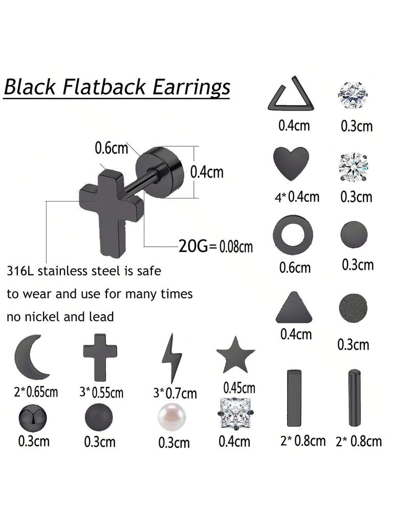 18 Pair Stainless Steel Flatback Stud Earring  Hypoallergenic Screwback Jewellery Flat Back Helix Jewelry for  Women Ladies
