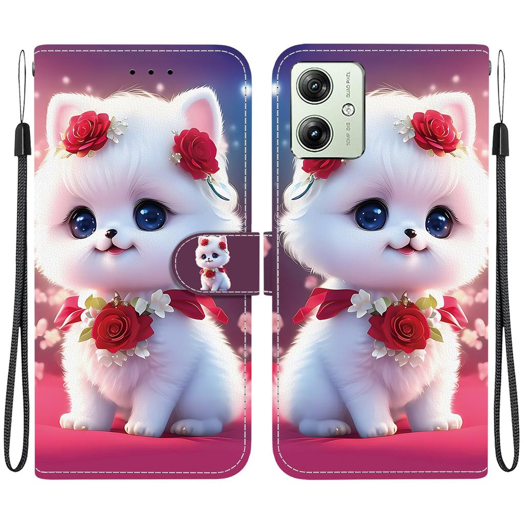 Handmade PU Leather Flip Case for Motorola Moto G54 Anti-Slip Shockproof Cover with Wrist Strap & Heart/Rose Cat Designs